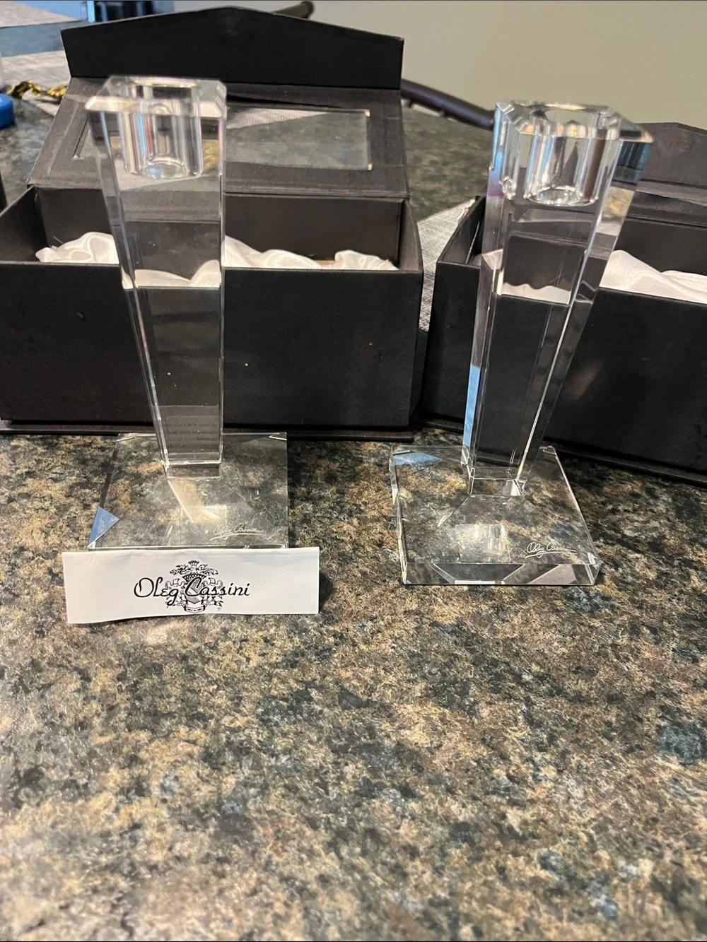 Oleg Cassini Clear Crystal Taper Candlestick Pair